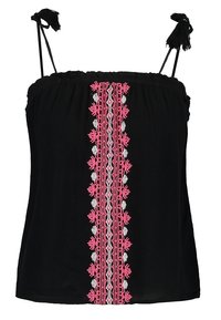 Top senza maniche nero con scollatura arricciata e lacci. Presenta un motivo centrale di ricamo floreale in rosa e argento sulla parte anteriore.