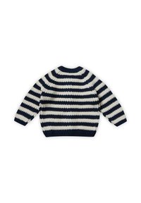 Gestrickter Pullover mit Marineblau und cremefarbenen Streifen, runder Halsauschnitt, langen Ärmeln und gerippten Bündchen sowie Saum. Strukturiertes Material.