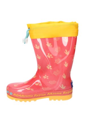 Różowy dziecięcy kalosz z żółtą górną mankietą, wzory z łapami i odciskami zwierząt oraz napisem "ROARsome Rescue" na żółtej krawędzi podeszwy.