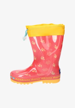 Różowy dziecięcy kalosz z żółtą górną mankietą, wzory z łapami i odciskami zwierząt oraz napisem "ROARsome Rescue" na żółtej krawędzi podeszwy.