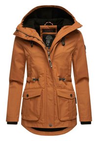 Orange waterproof jacket with a hood, featuring two front pockets, adjustable waist drawstrings, and a lined interior for warmth.
