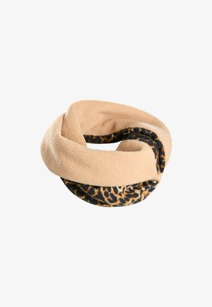 Leopard-print infinity scarf with a beige fleece exterior and a black interior. Soft texture, circular design, and contrasting patterns.