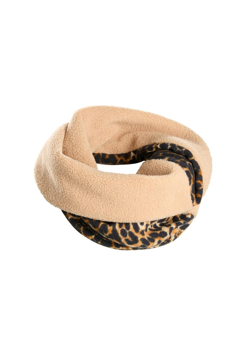 Leopard-print infinity scarf with a beige fleece exterior and a black interior. Soft texture, circular design, and contrasting patterns.