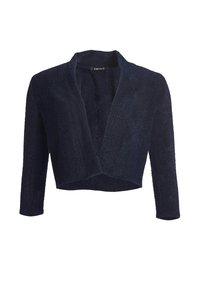 Cardigan court bleu marine foncé, ouvert sur le devant, manches longues, sans boutons ni fermetures visibles.