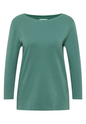 Langärmliges Oberteil aus weichem, tealgrünem Baumwollmix, mit weitem Rundhalsausschnitt und glatter Textur ohne sichtbare Muster oder Beschläge.
