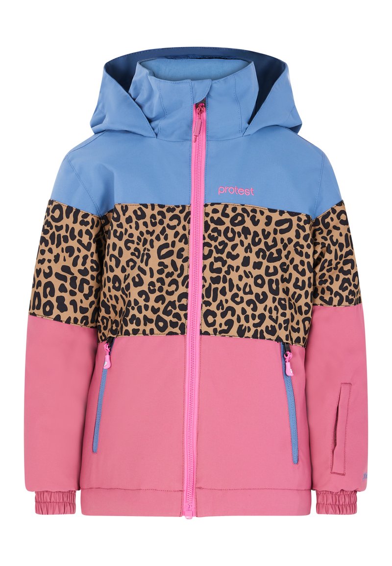 Kleurvolle winterjas met een blauwe bovensectie, een luipaardpatroon in het midden en een roze onderkant. Voorzien van elastische manchetten en ritszakken.