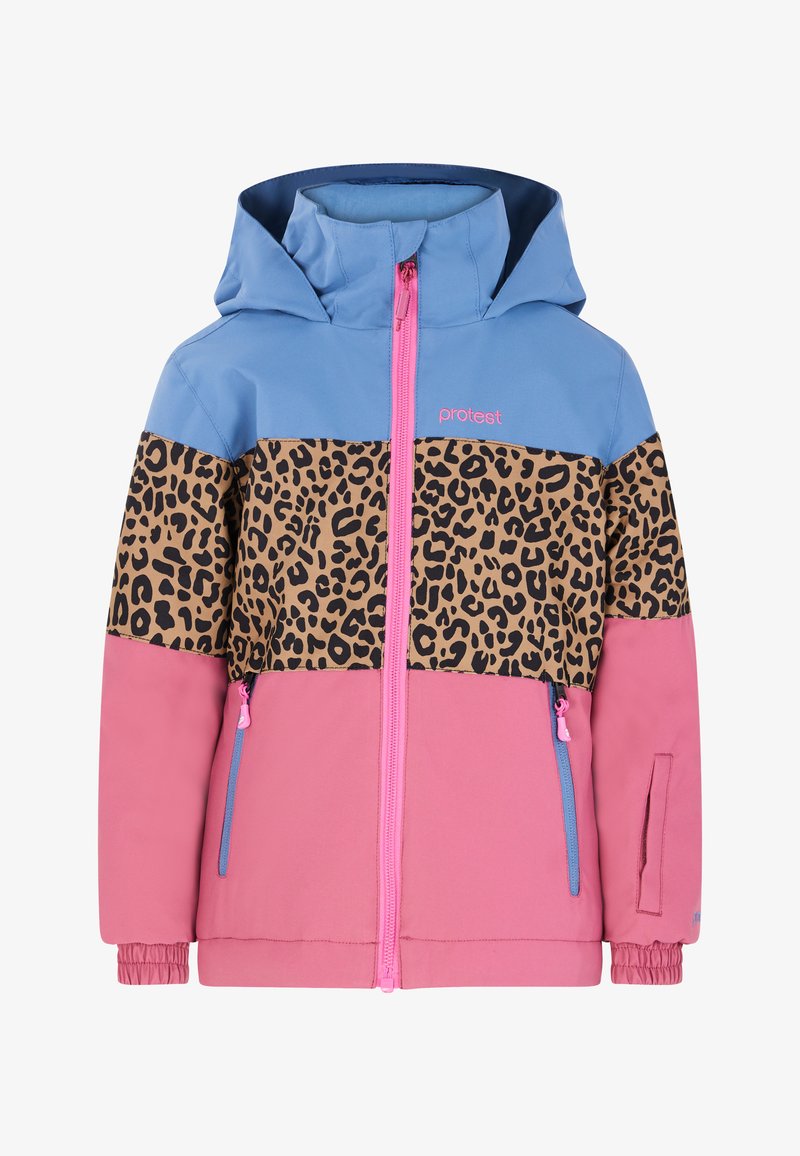 Farverig vinterjakke med en blå overdel, leopardprint i midten og pink bund. Inkluderer elastiske manchetter og lynlåslommer.