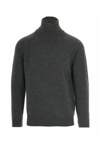 Maglione a collo alto di colore grigio scuro realizzato in tessuto a maglia. Presenta un colletto, polsini e orlo a costine. Design semplice con maniche raglan.