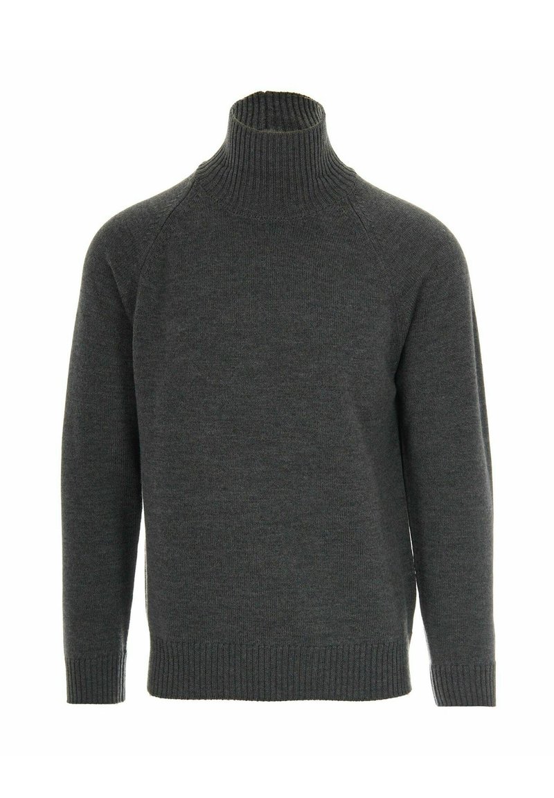 Maglione a collo alto di colore grigio scuro realizzato in tessuto a maglia. Presenta un colletto, polsini e orlo a costine. Design semplice con maniche raglan.