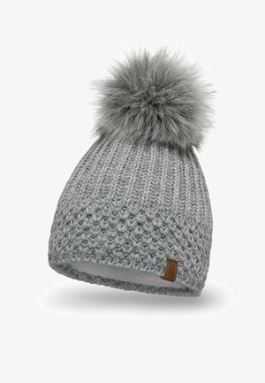 Knitted grey beanie with a fluffy pom-pom on top, featuring a textured pattern and a small leather label on the side.