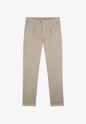 Beige, maßgeschneiderte Hosen mit leicht zulaufendem Bein, die über zwei Seitentaschen und einen Knopfverschluss an der Taille verfügen. Glatte Stofftextur.