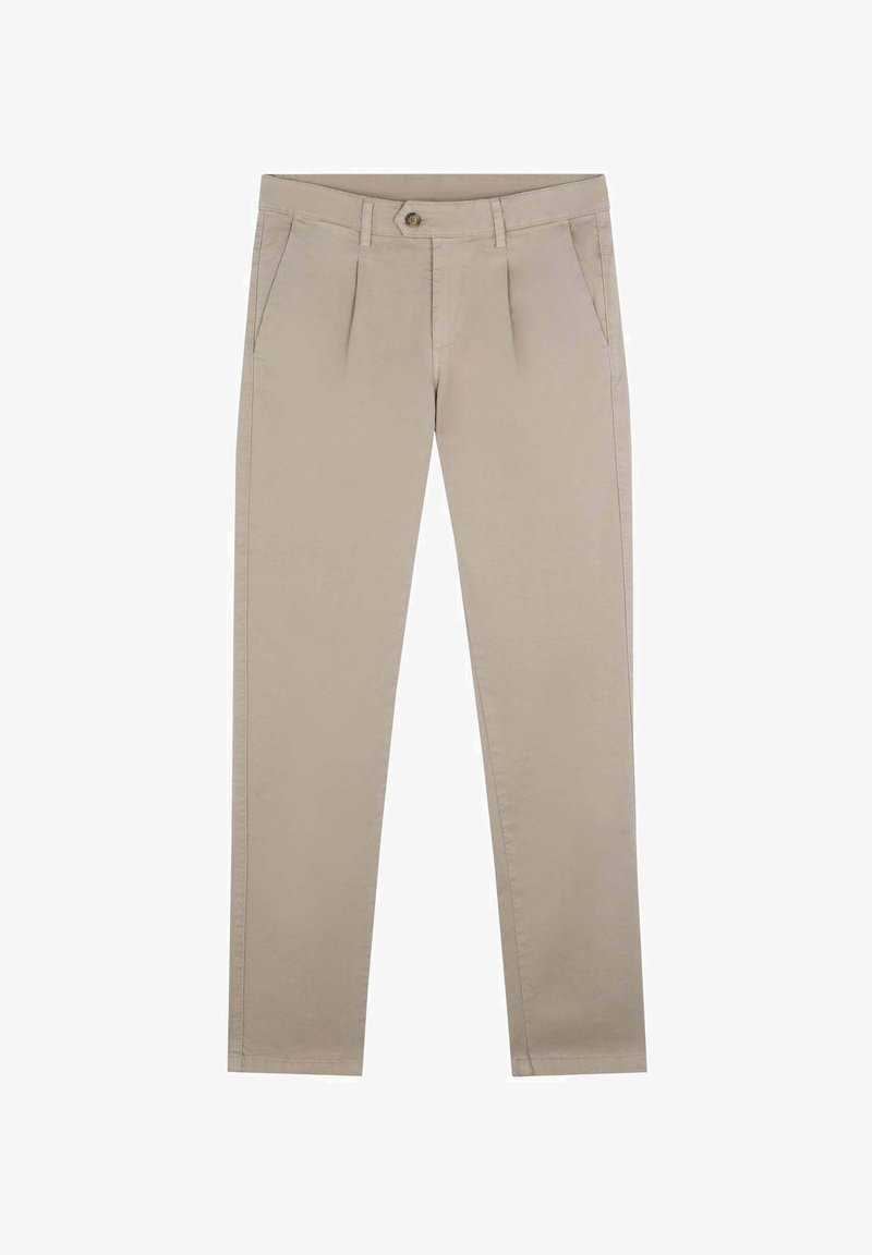 Beige tailored pants with a slightly tapered leg, featuring two side pockets and a single button closure at the waistband. Smooth fabric texture.