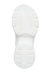 Semelle blanche de chaussure avec motifs de grip texturés et blocs de bande de roulement rectangulaires aux zones du talon et de l’avant-pied.