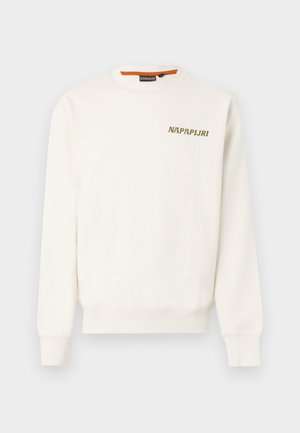 Fehér, hosszú ujjú, kerek nyakú pulóver bordázott mandzsettákkal és szegéllyel, valamint arany "NAPAPIJRI" logóval a bal felső mellrészen.