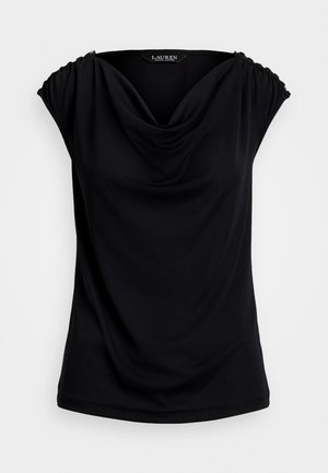 Must musta, sobiv kaelus, kogutud õlavarre detail ja lühikesed varrukad. Valmistatud siledast kangast, millel on kerge sära.