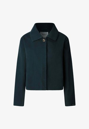 Dark green cropped jacket with a straight cut, classic collar, and a single button closure. Made of smooth fabric with minimalistic design.