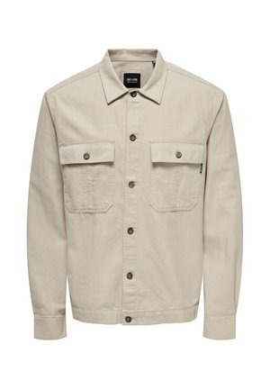 Béžs žakets ar garām piedurknēm, priekšējā aizdare ar pogām, divas krūšu kabatas un apkakle. Izgatavots no gluda auduma ar ikdienišķu dizainu.