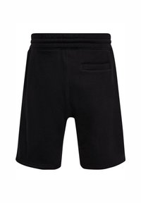 Schwarze Sportshorts aus einem weichen Stoff, mit einem elastischen Bund, einer Gesäßtasche und einer Knie-langen Schnittform.