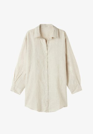 Lichtbeige linnen overhemd met kraag, lange mouwen, knoopsluiting aan de voorkant en subtiele textuur. Heeft een ontspannen pasvorm en zachte plooien bij de mouwen.