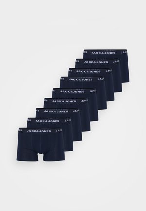 Boxer briefs azul marinho em embalagem de dez, com um cós de logotipo branco e um design ajustado, textura suave e sem padrões visíveis.