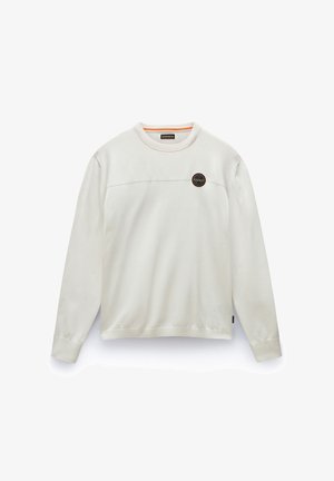 Biała, długosleeve bluza z miękkiego materiału, z teksturowaną górną częścią, ściągaczami na rękawach oraz okrągłym logo na lewej piersi.