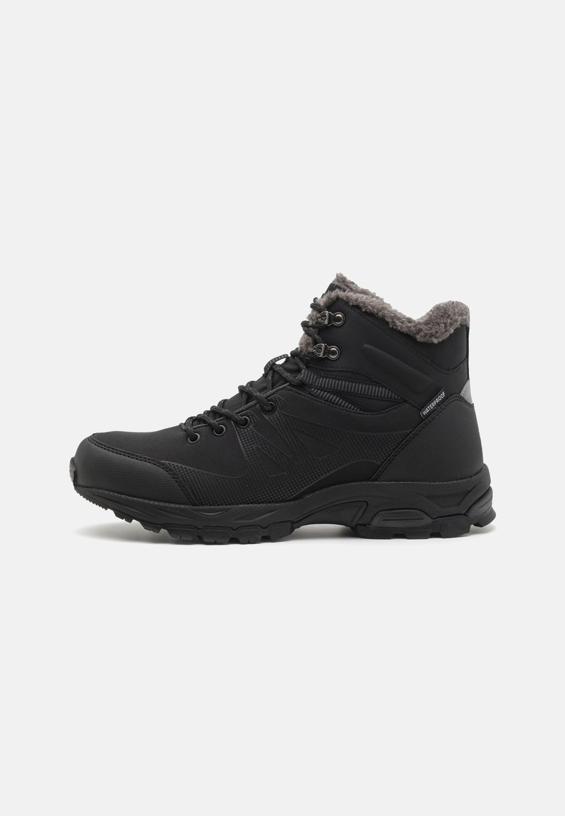 Black waterproof hiking boot with a textured upper, soft grey fleece collar, and rugged sole for traction. Features metal eyelets and laces.