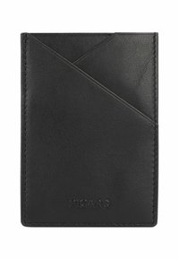 Portafoglio in pelle nera con design diagonale, superficie texturizzata e logo impresso. Forma compatta con più scomparti per carte.