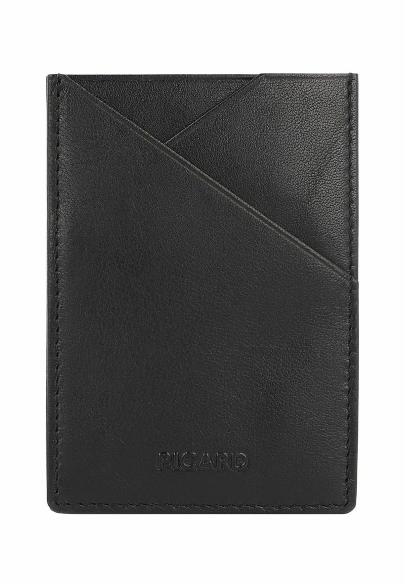 Portafoglio in pelle nera con design diagonale, superficie texturizzata e logo impresso. Forma compatta con più scomparti per carte.