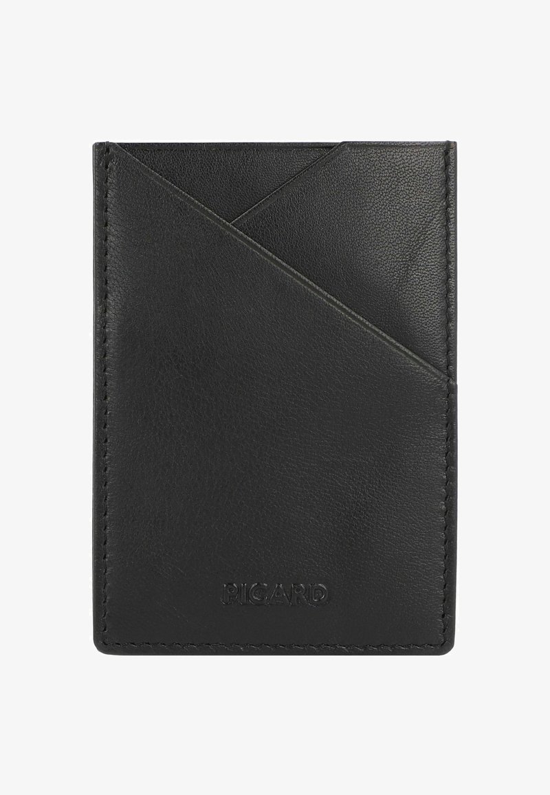 Black leather cardholder featuring a diagonal design, textured surface, and embossed logo. Compact shape with multiple card slots.