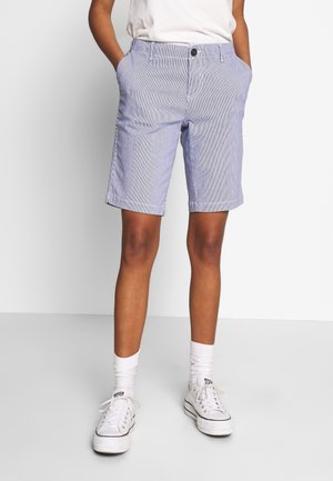 Personne portant un short bleu et blanc à fines rayures, longueur genou, mains dans les poches, chaussettes blanches, baskets blanches et un t-shirt blanc.