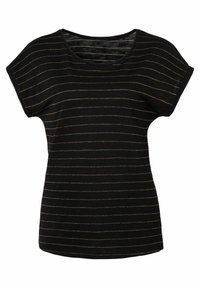 Camiseta negra de manga corta, con rayas doradas horizontales. La tela parece suave, con un escote redondo y un corte relajado.