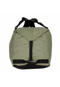 Zaino verde oliva con parte superiore pieghevole e dettagli neri, dotato di spallacci regolabili e una cinghia intrecciata per fissare gli oggetti.