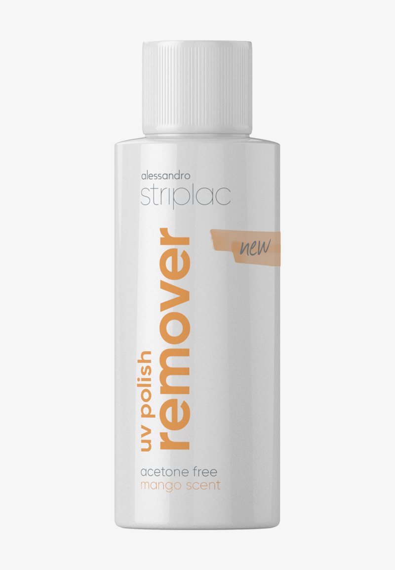 Bouteille en plastique blanche de dissolvant de vernis UV, avec un texte orange indiquant "sans acétone" et "parfum mangue", dotée d'un bouchon cannelé et d'un détail d'étiquette "nouveau".