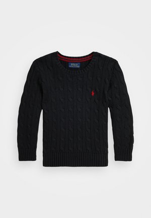 Black cable-knit sweater with ribbed cuffs and hem. Features a red accent inside the neck and a small logo on the chest.