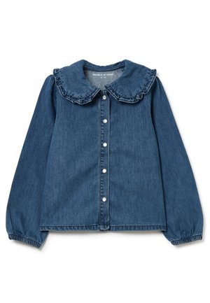 Denim-Bluse mit langen Ärmeln, Rüschen am Peter-Pan-Kragen, Druckknöpfen vorne und elastischen Bündchen in mittelblauer Waschung.