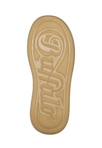 Beige gumová podrážka s texturovaným vzorem, obsahující výrazný design loga. Hladké okraje a detailní gripovací povrch.