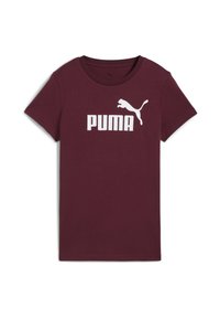 Burgundijska pamučna majica s bijelim "PUMA" logotipom i grafikonom skakačkog pume, kratkim rukavima i okruglim dekolteom.