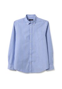 Camisa de manga larga a rayas verticales en azul y blanco, con cuello abotonado y bolsillo en el pecho.
