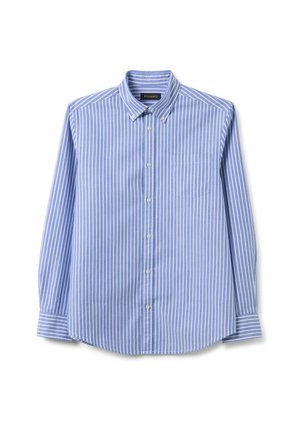 Camicia a maniche lunghe con bottoni, a righe verticali blu e bianche, con colletto abbottonato e taschino sul petto.