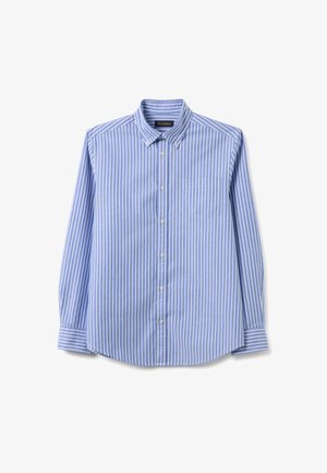 Blauw-wit verticaal gestreepte lange mouwen button-up shirt met knoop-kraag en borstzak.