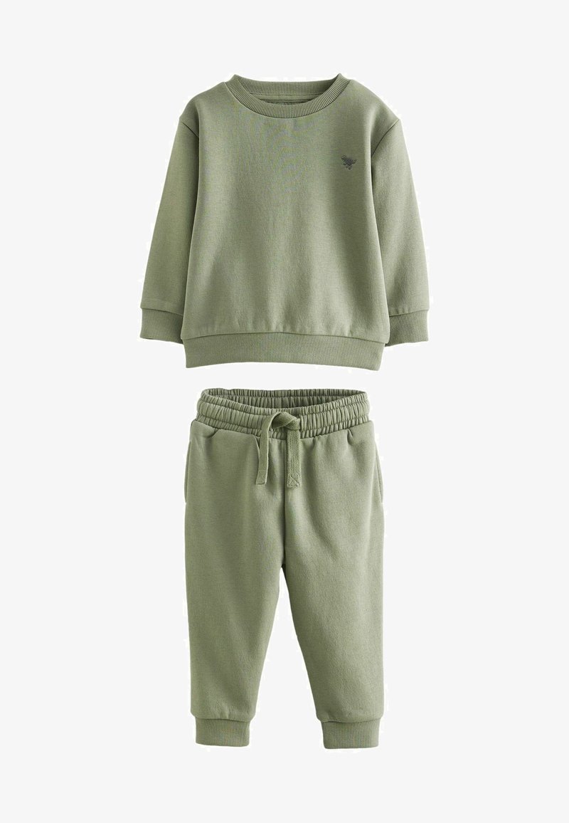 Green cotton sweatshirt and matching jogger set. Sweatshirt has long sleeves and a crew neckline; joggers with elastic waistband and cuffs.