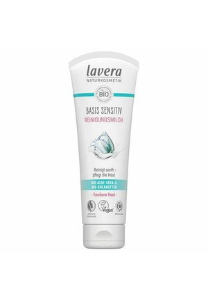 Lavera Basis Sensitiv Reinigungsmilch mit Bio-Aloe Vera und Sheabutter für sanfte Pflege trockener Haut, vegan und ökozertifiziert.