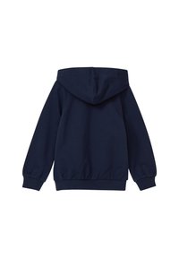 Donkerblauwe hoodie van achteraf weergegeven, met lange mouwen en geribbelde manchetten en zoom.