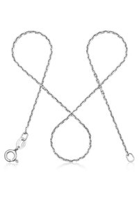 Silberne Halskette, die ein geschlungenes Design, glänzende Oberfläche, miteinander verbundene Glieder und einen Karabinerverschluss mit einem Anhänger aufweist.