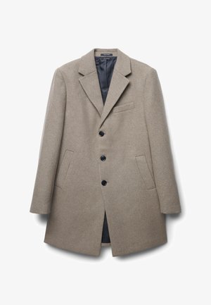 Beige Wollmantel mit strukturiertem Design, langen Ärmeln, Reverskragen, drei schwarzen Knöpfen, zwei Seitentaschen und einem glatten dunklen Futter.