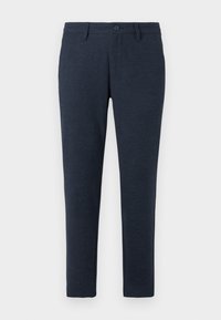 Pantalones oscuros de corte slim de color azul marino con pasadores para cinturón, botón frontal y bolsillos delanteros, exhibidos sobre un fondo blanco.