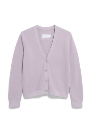 Light lavender cardigan featuring a V-neck, ribbed texture, five front buttons, and a cropped design. Label inside reads "ARMIDANGELS."