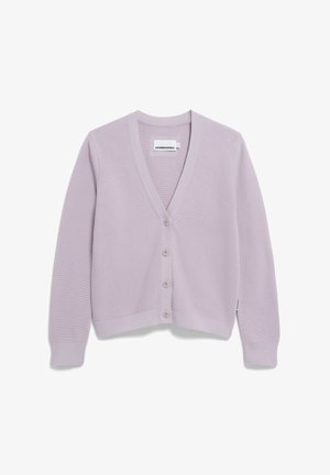 Light lavender cardigan featuring a V-neck, ribbed texture, five front buttons, and a cropped design. Label inside reads "ARMIDANGELS."