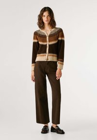 Cardigan à motif géométrique marron avec un ourlet beige, doté de boutons sur le devant. Associé à un pantalon large marron foncé et des chaussures noires.