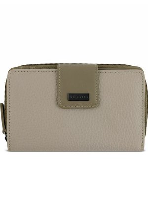 Beige Leder wallet mit textured Oberfläche, Reißverschluss, und einem grünen Klappdeckel mit einem schwarzen Logo-Akzent. Kompakte rechteckige Form.